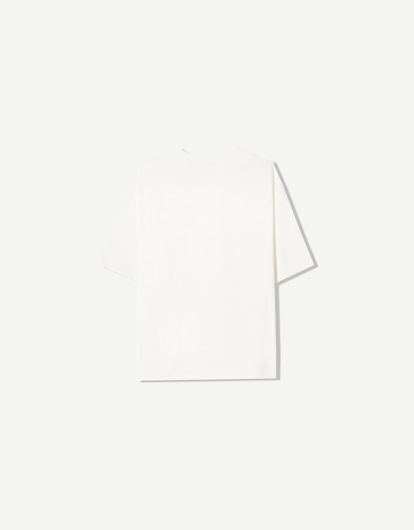 Printed short sleeve V-neck T-shirt-Off white-4