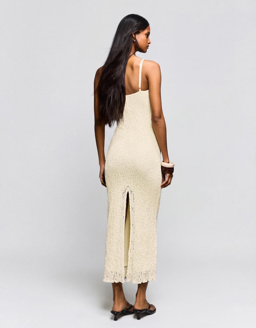 Robe midi bretelles dentelle-Jaune