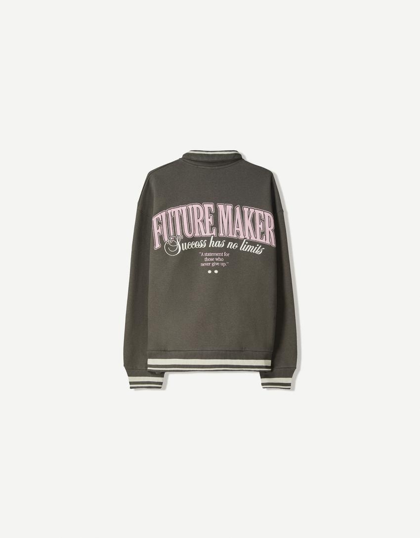 Baskılı fermuarlı sweatshirt-Gri-5