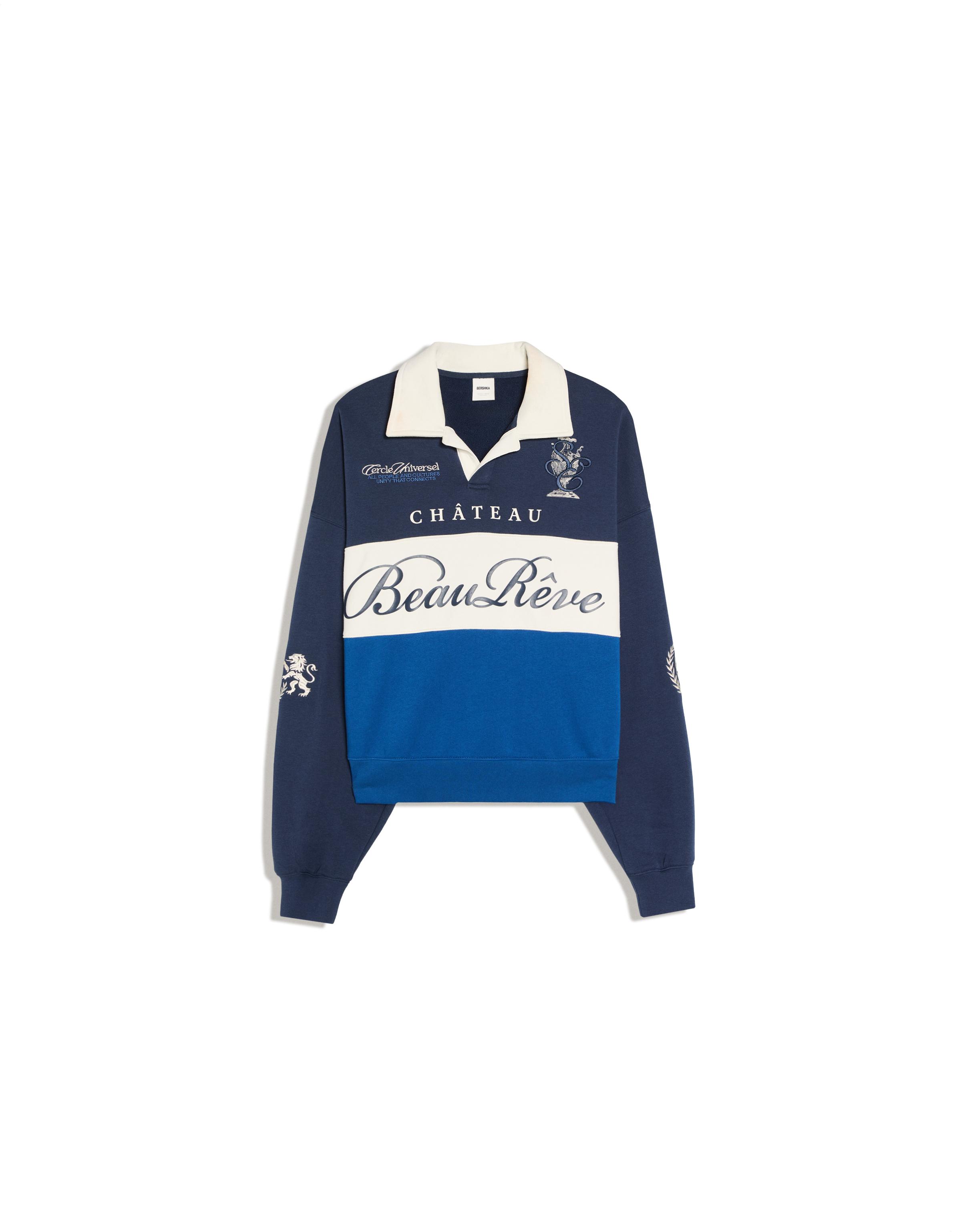 Contrast collar print polo shirt — Blue