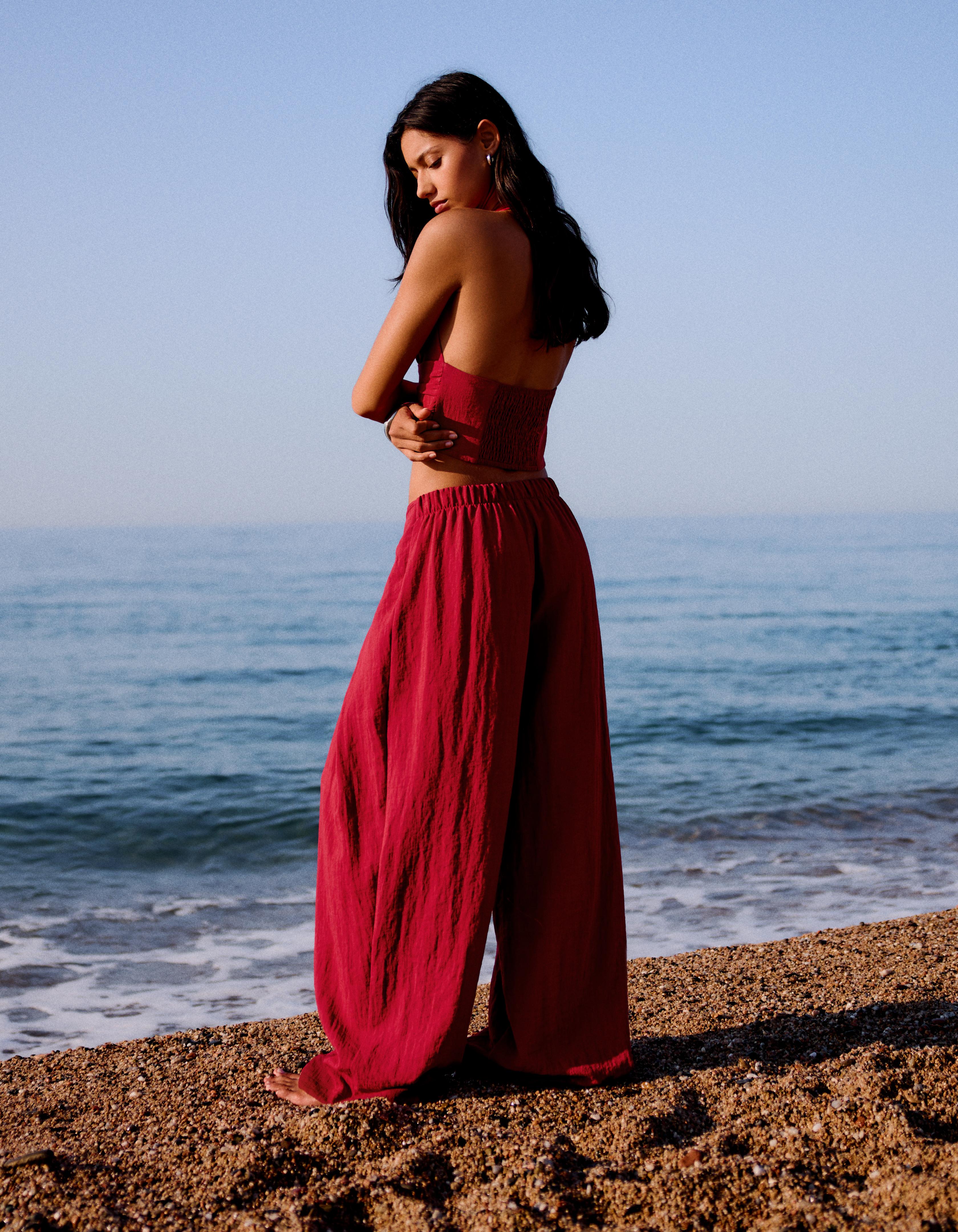 Rustic wide-leg pleated trousers — Red