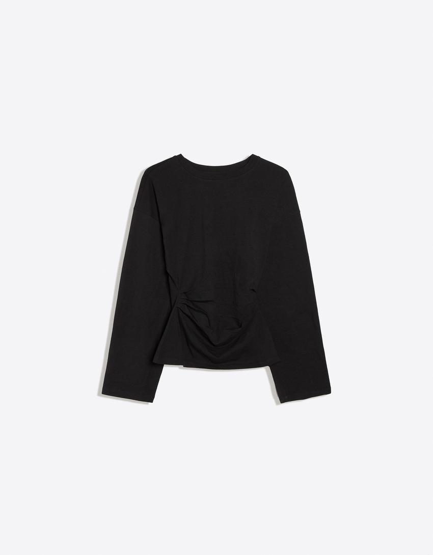 Maglietta a maniche lunghe arricciata-Nero