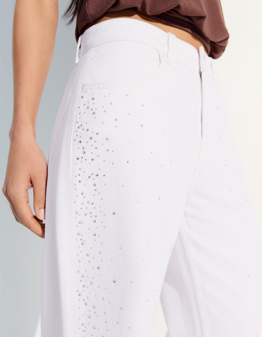 Shimmery high-waist straight-leg jeans-Cream