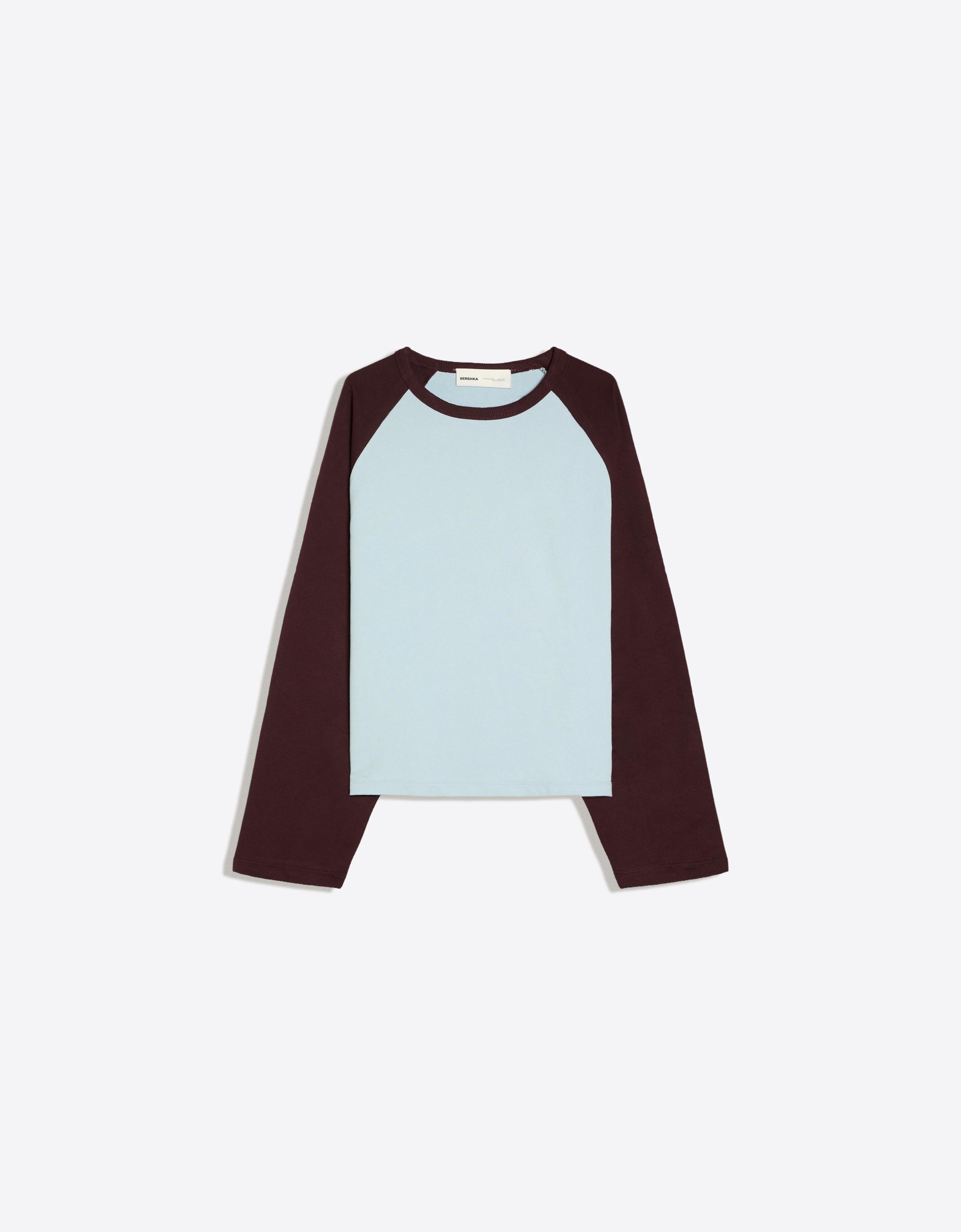 Bershka Camiseta Manga Larga Ranglan Mujer Azul Claro