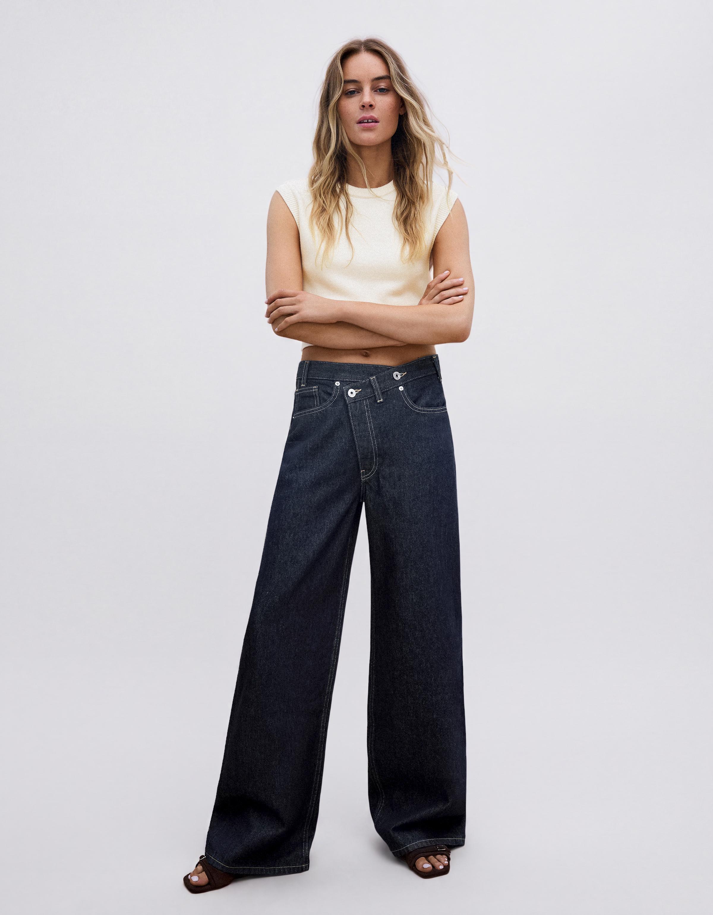 Wide-leg cross-waist jeans — Navy