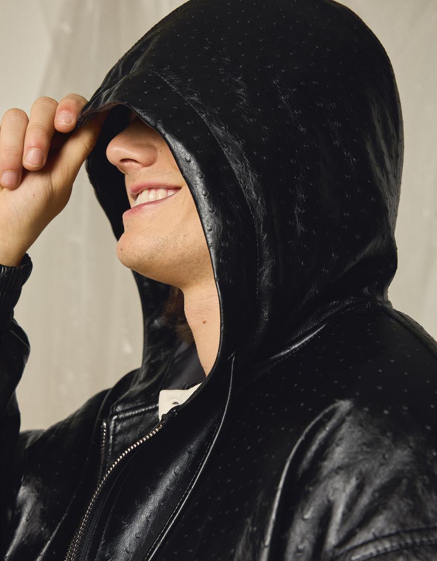 Geacă glugă imitație de piele-Negru