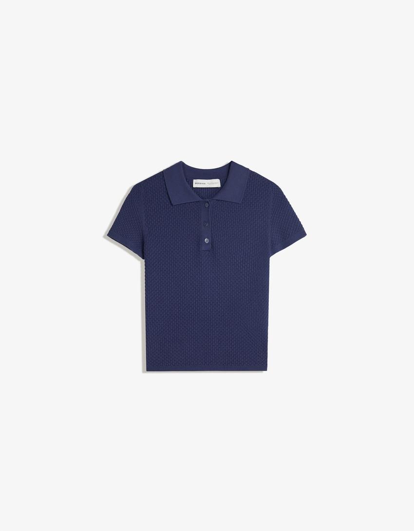 Kurzarm-Polo-Shirt mit Struktur-Blau-3