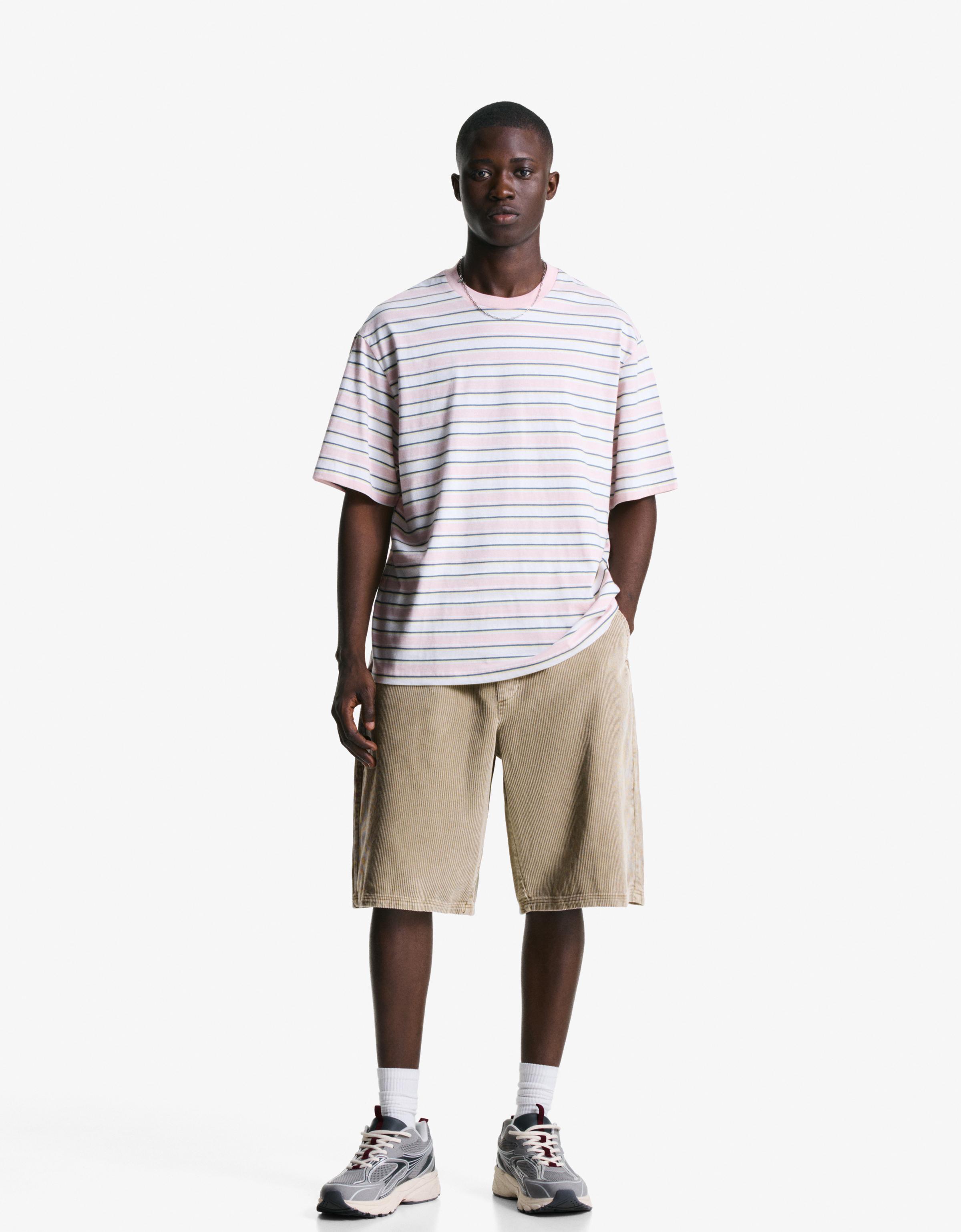 Bershka Cord-Joggingbermuda Herren Xs Sandfarbe