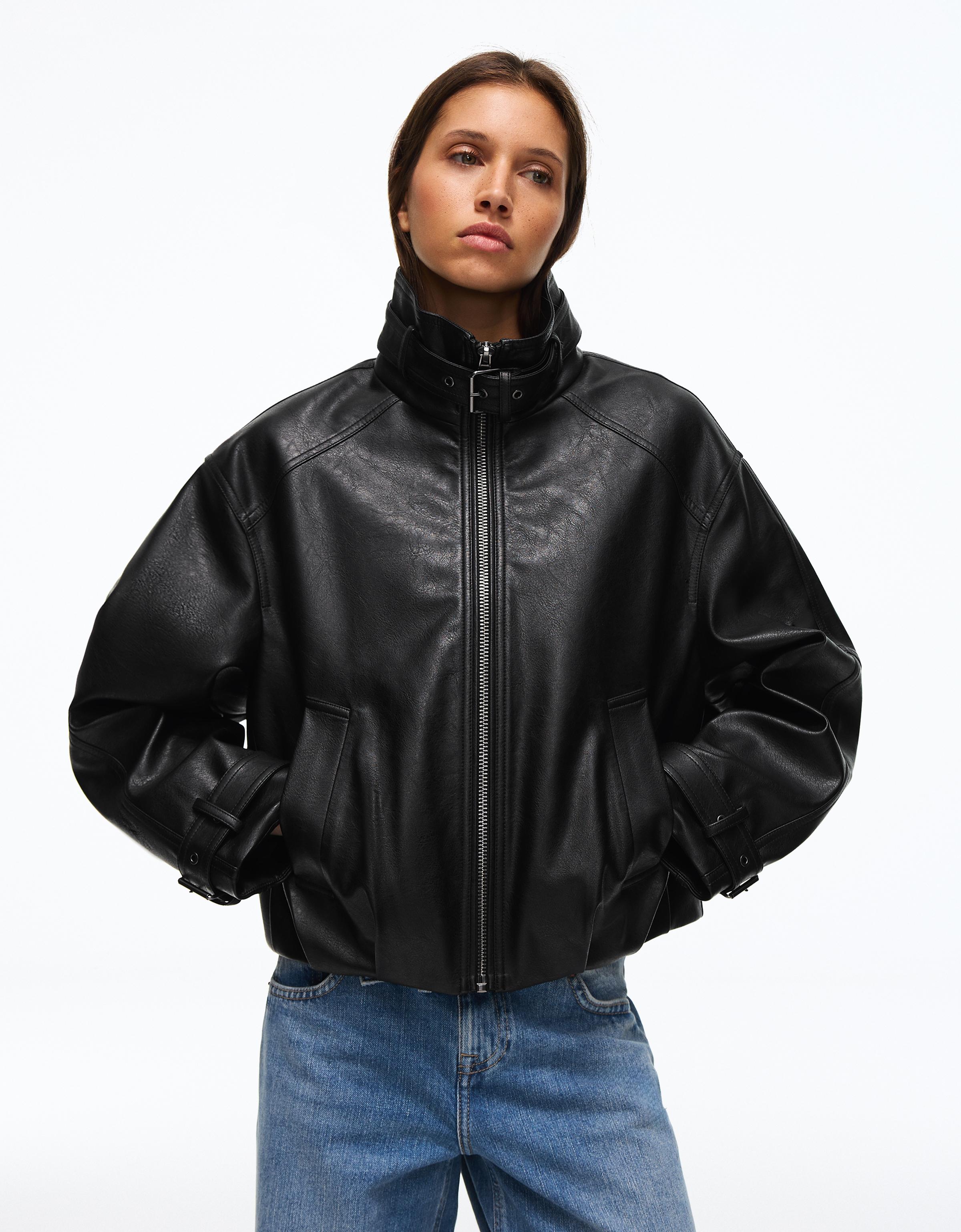 Leather effect funnel neck jacket — Black