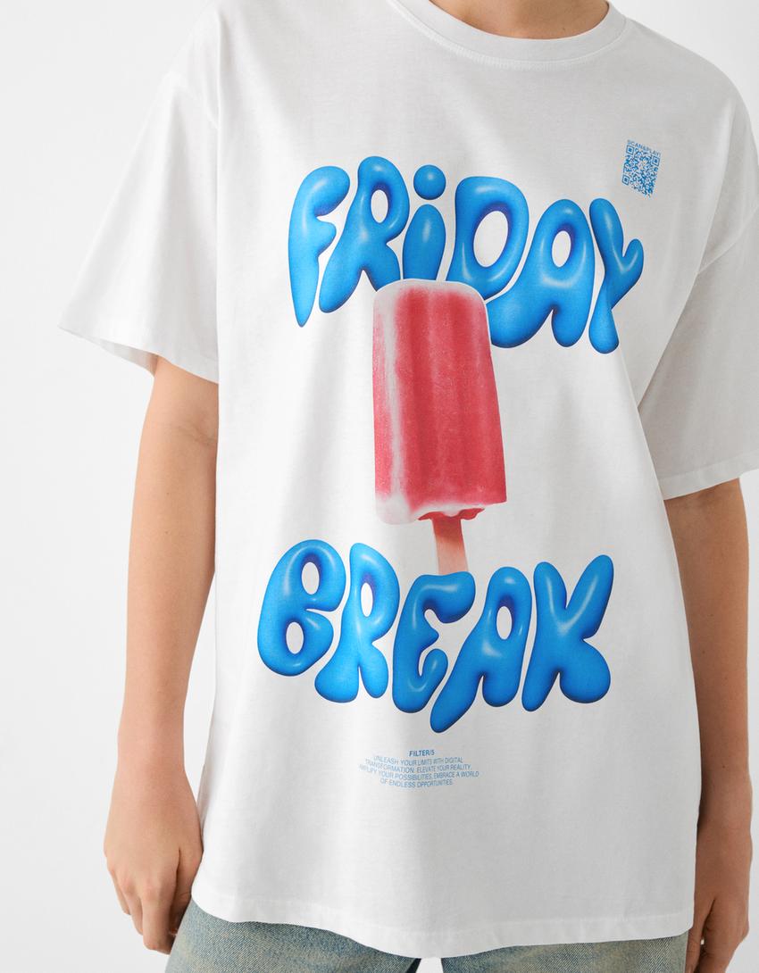 T-shirt Bershka Wearable Art oversize fit com estampado-Gelo-6