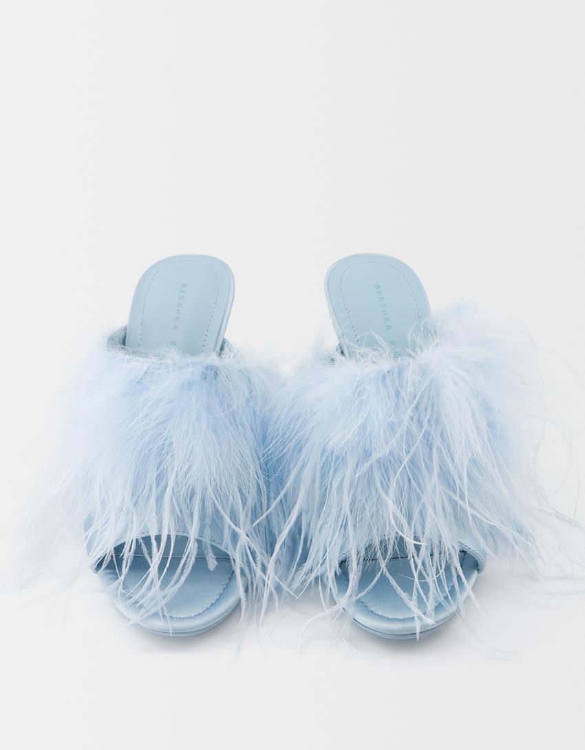 Sandales talon mules avec plumes-Bleu-1