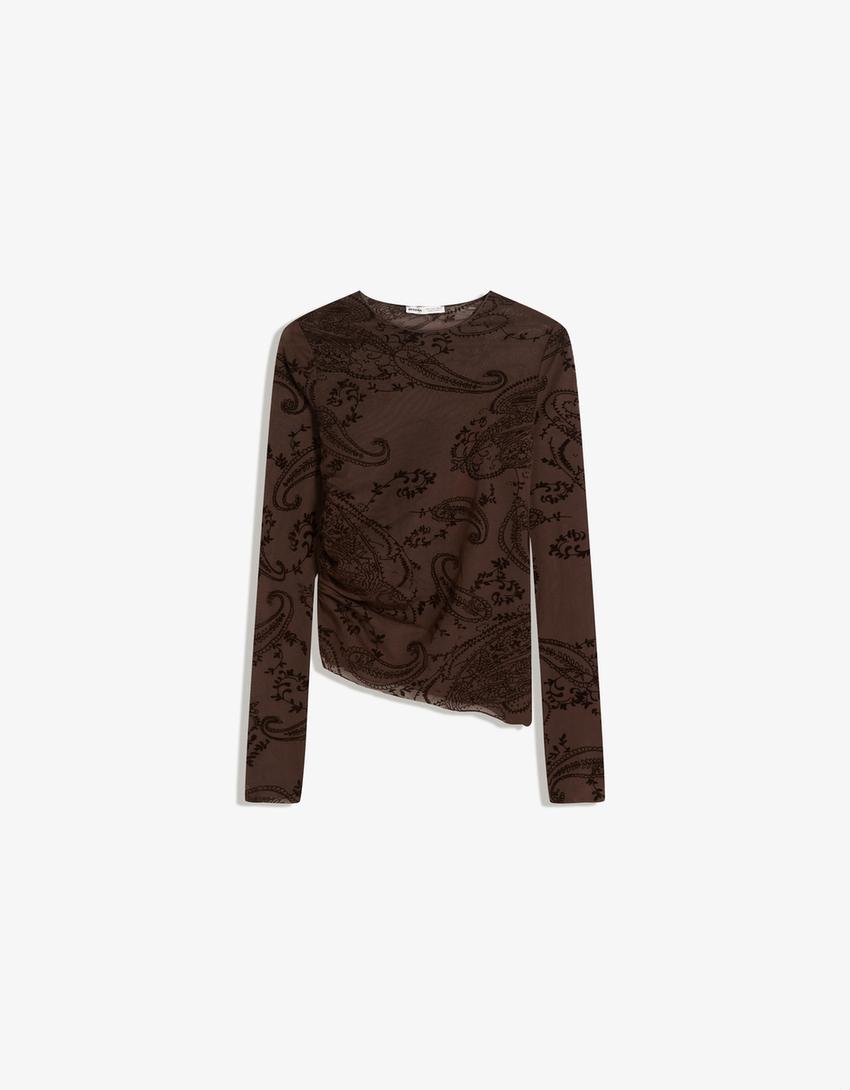T-shirt à manches longues asymétrique en tulle-Marron
