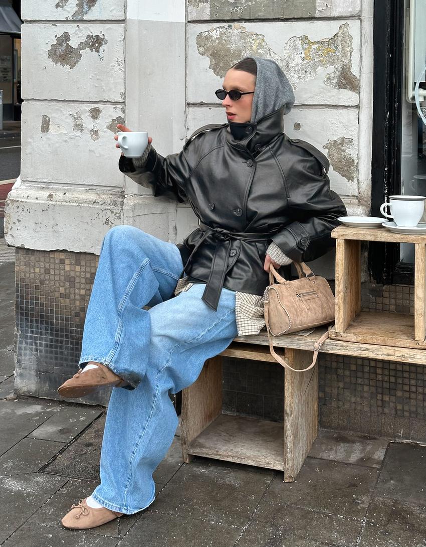 Short leather effect trench coat