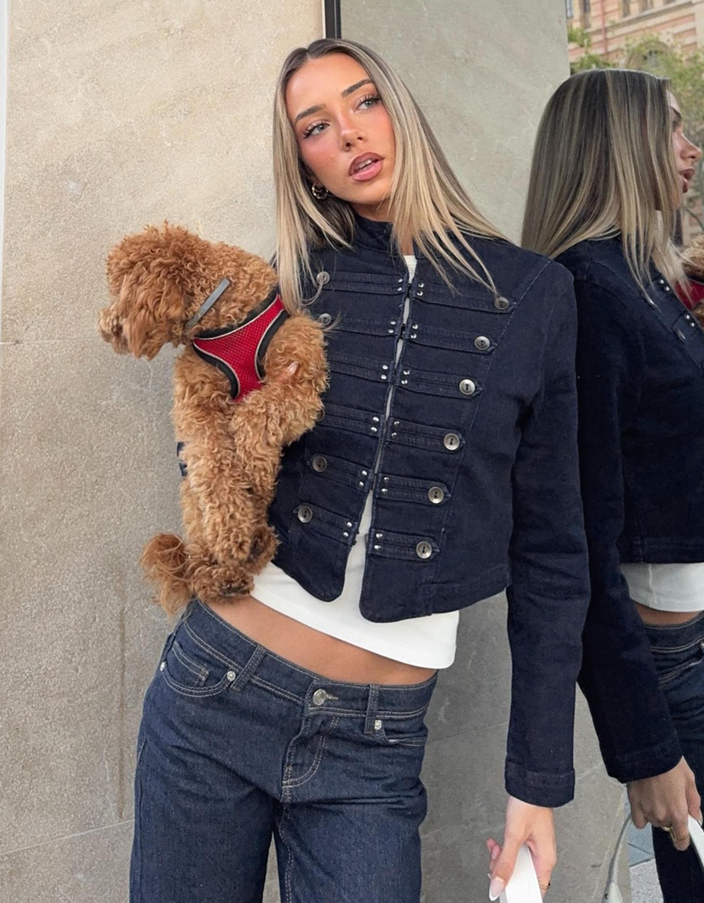 Bershka kurtka jeansowa w stylu napoleon granatowy