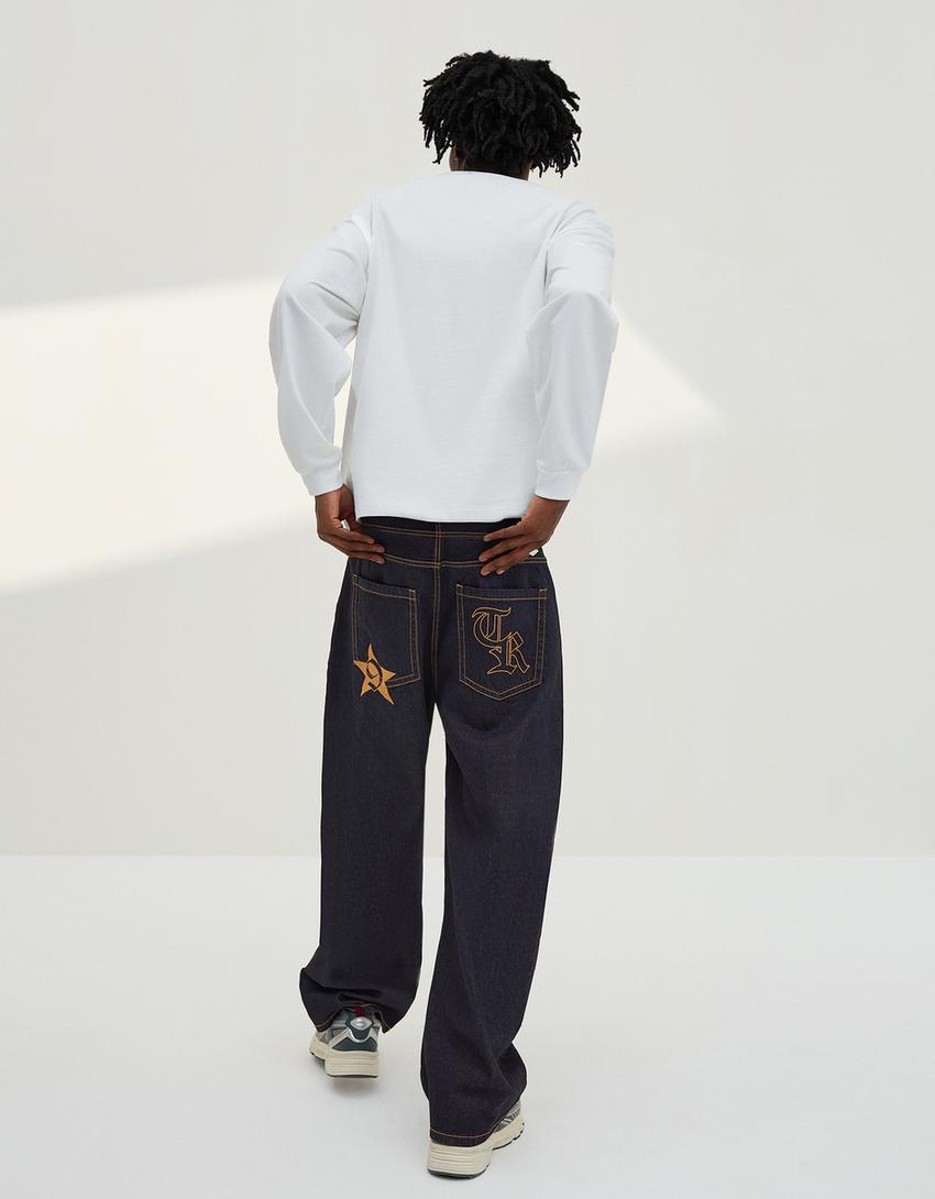 Jeans barrel bordado-Marino