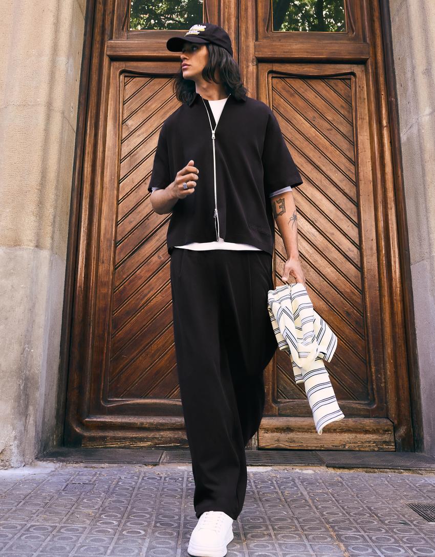 Pantalon super baggy fit à pinces fluide-Noir