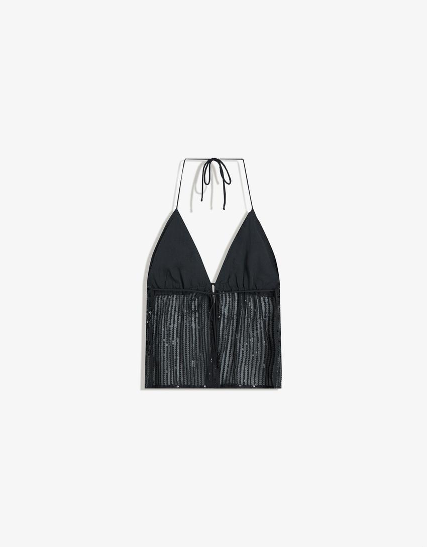 Top halter paillette-Nero