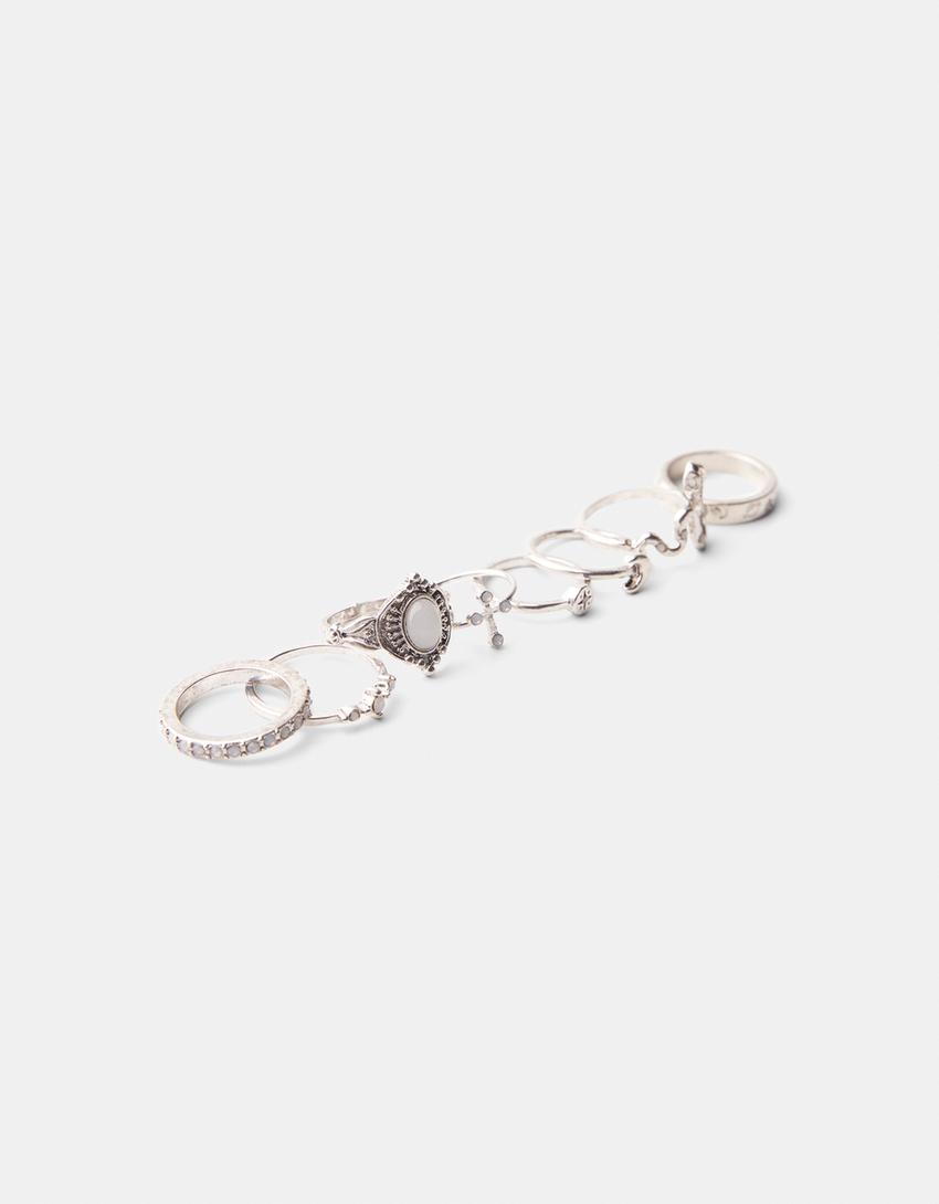 8-pack of snake and cross rings-Silver-4