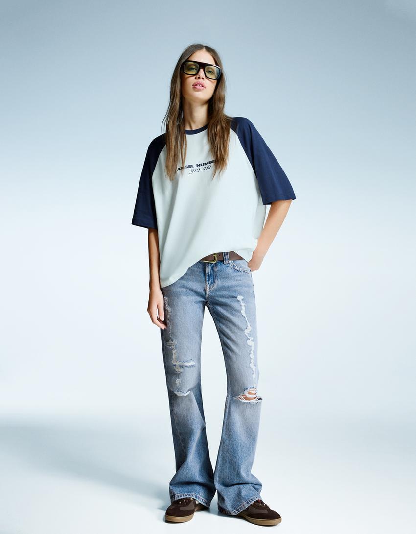 Jeans baggy flare cremalleras-Azul lavado