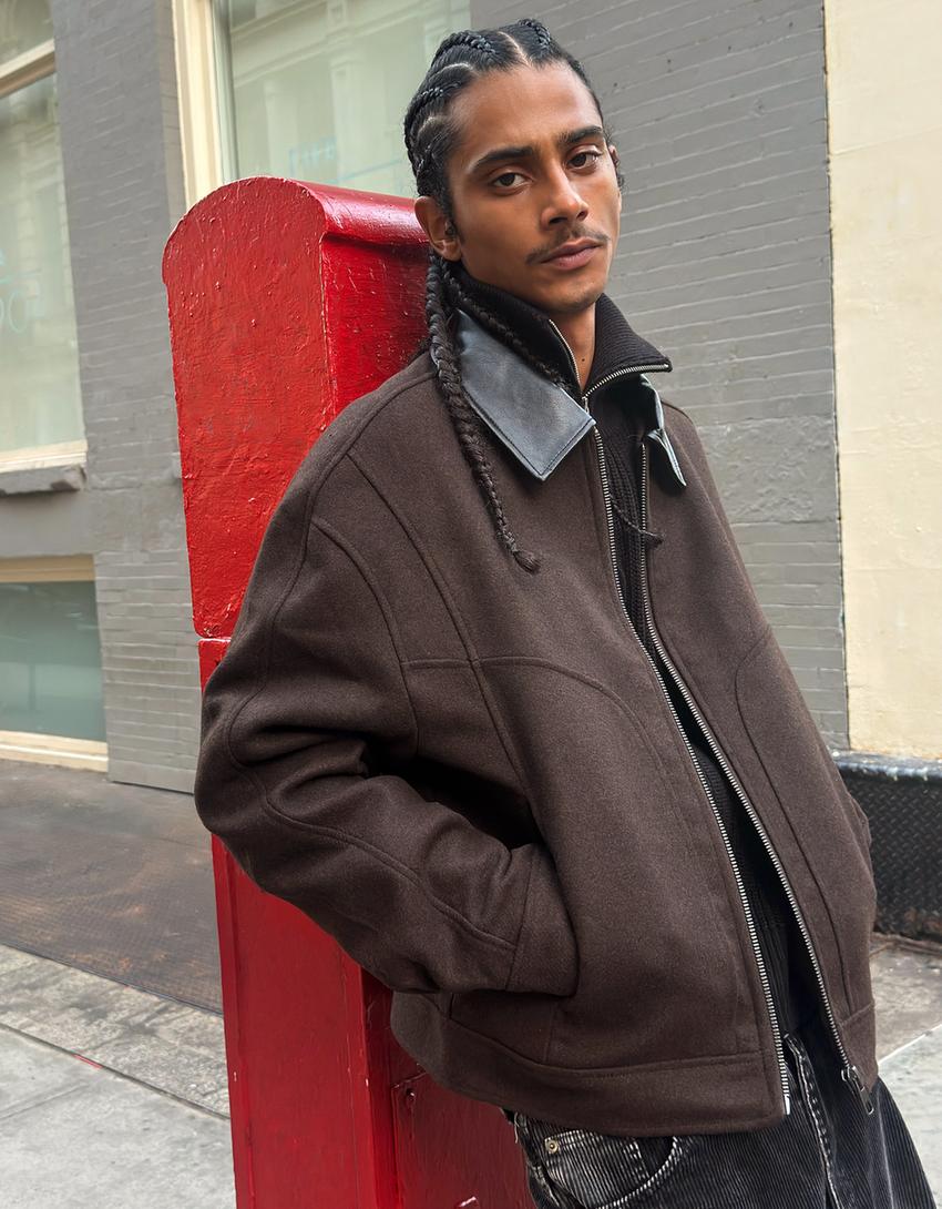 Synthetic wool jacket with contrast collar-Brown