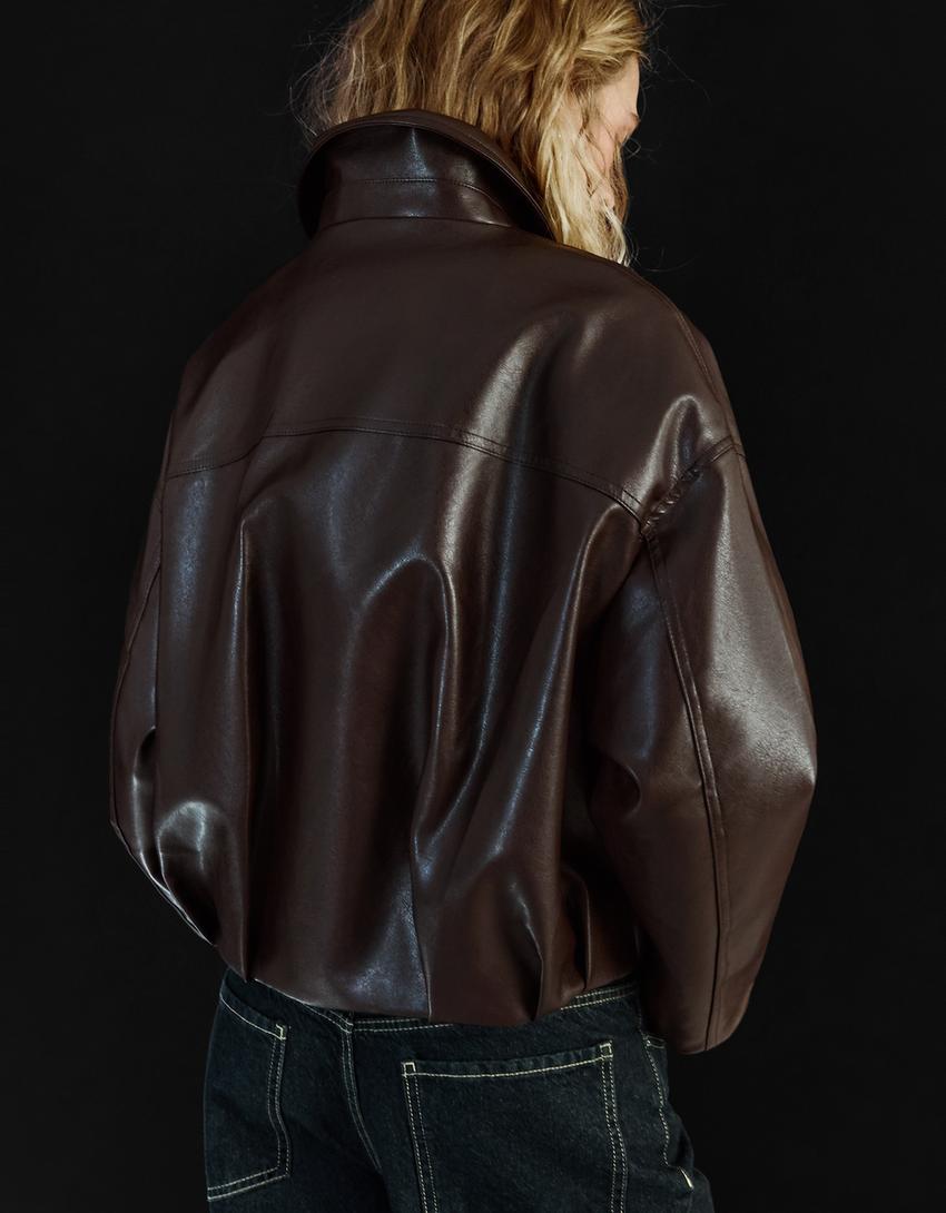 Faux leather bomber jacket with belt-Brown