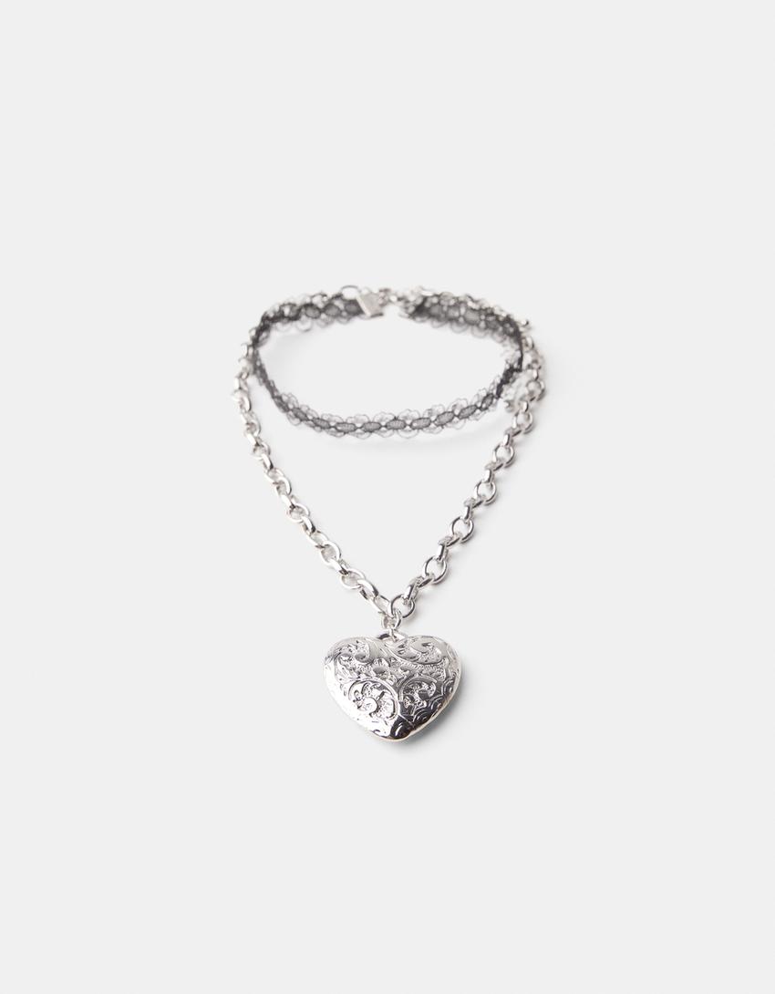 2-pack of lace choker and embossed heart necklaces-Silver