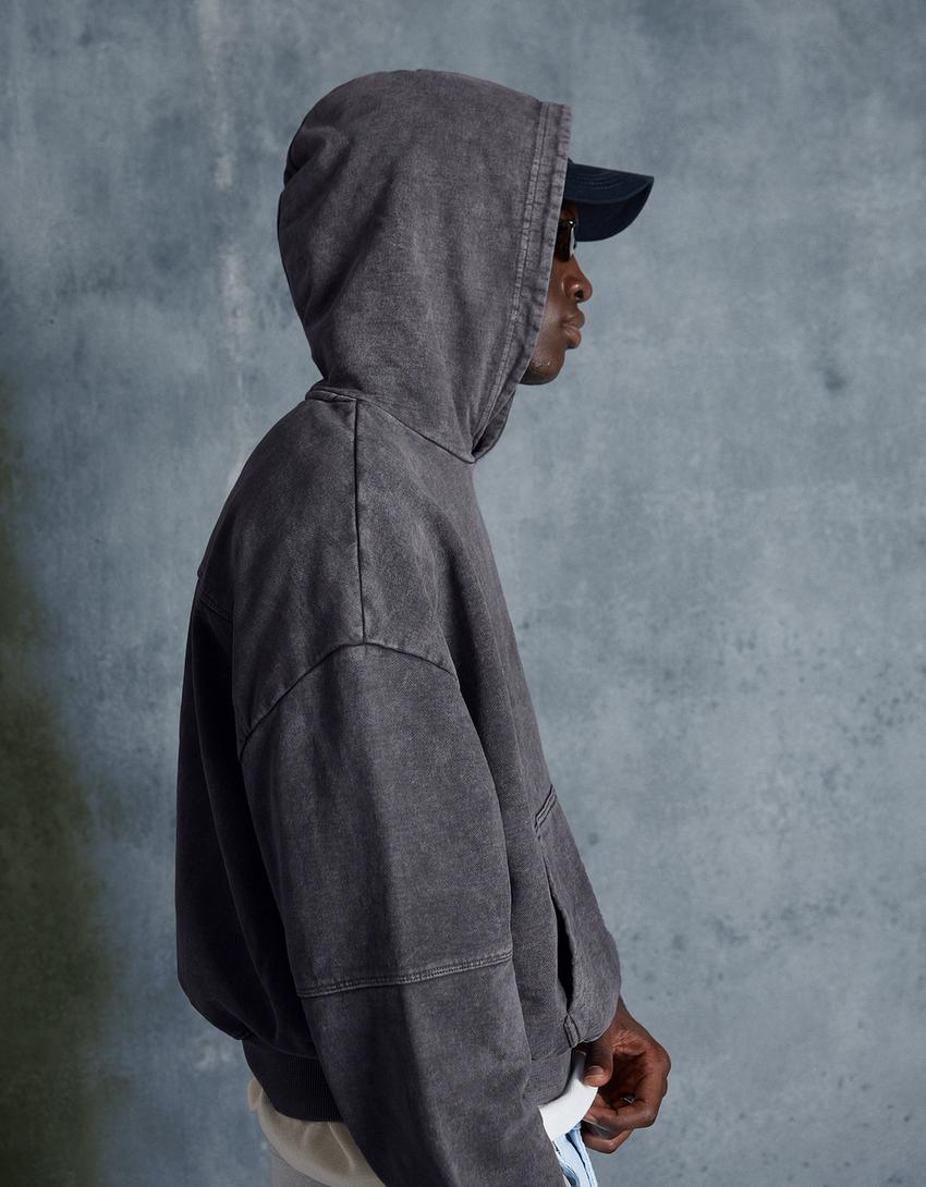 Boxy fit kapüşonlu yıkamalı sweatshirt-Koyu gri