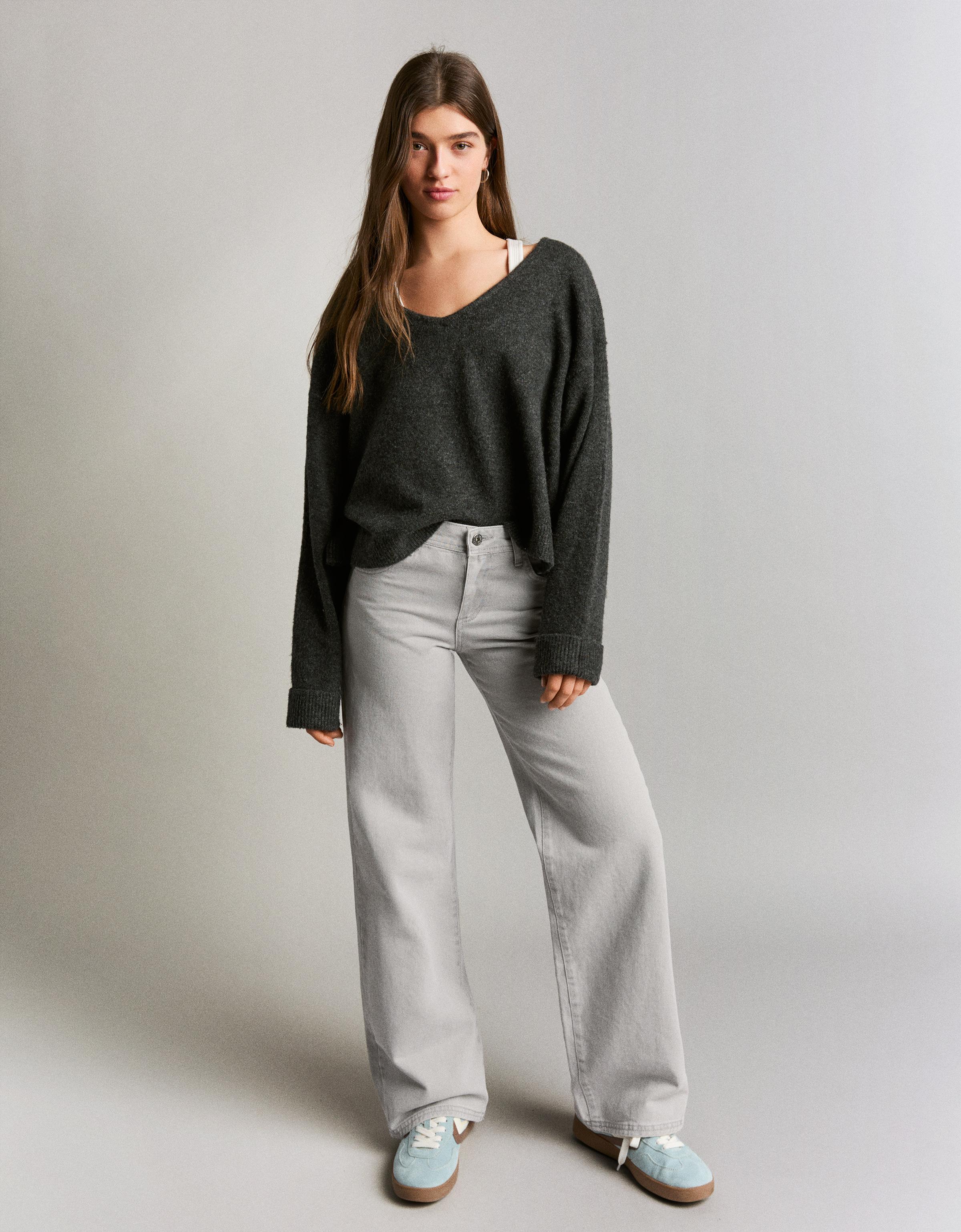 Bershka Gerade Geschnittene Serge-Hose Damen 32 Grau
