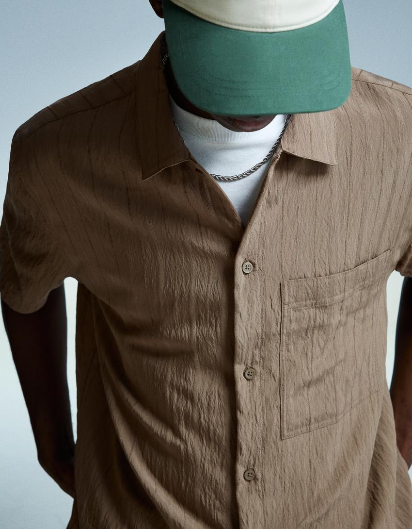Textured striped short sleeve shirt-Sand