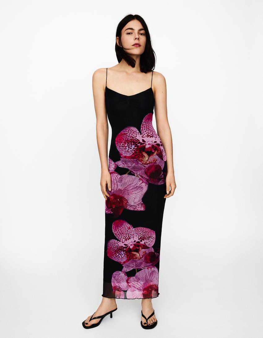 Robe midi bretelles tulle imprimé-Noir-2