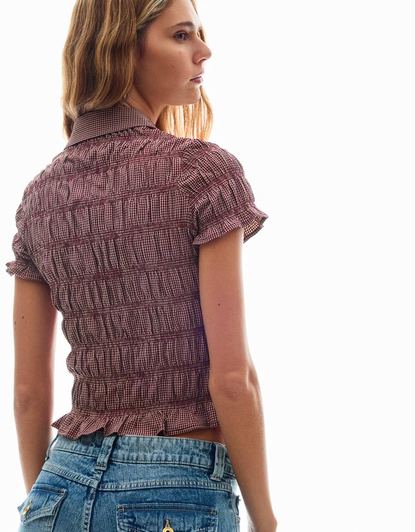 Kısa kollu büzgülü gömlek-Kızıl kahverengi