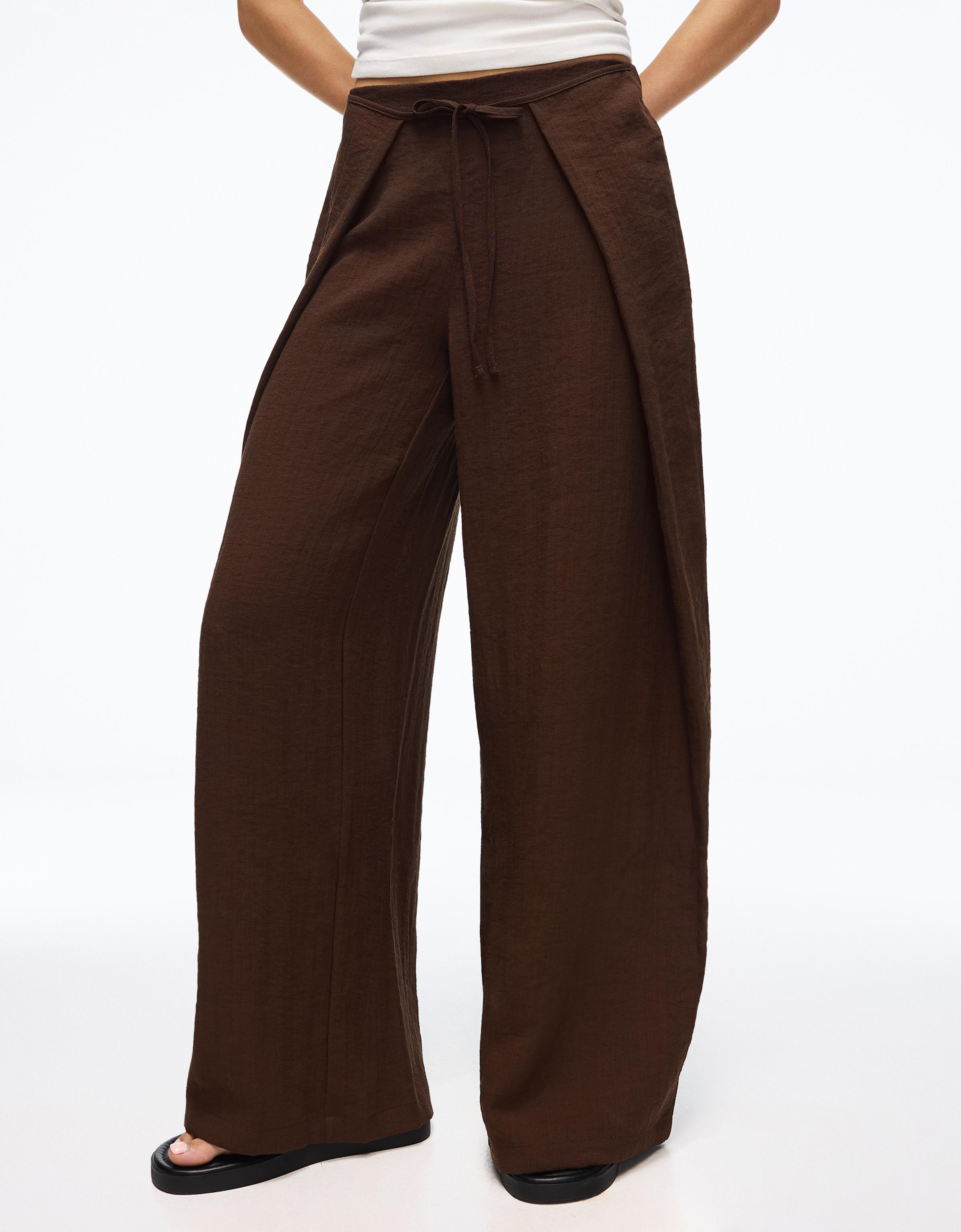Rustic wide-leg pleated trousers — Brown
