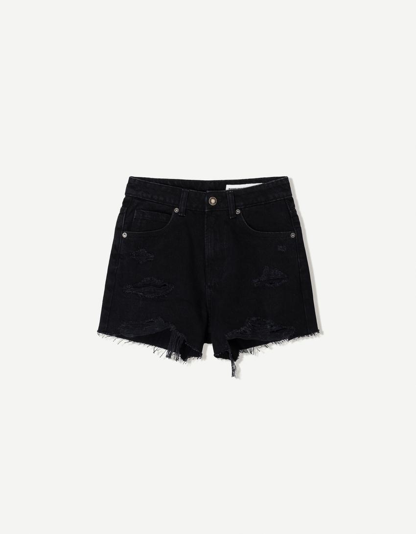 Ripped denim shorts-Black