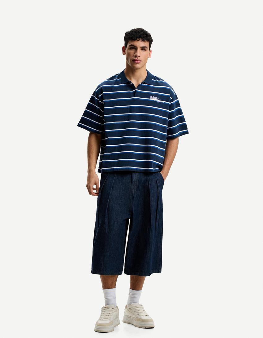 Vyšívaná polokošile boxy fit s krátkými rukávy-Modrá-3