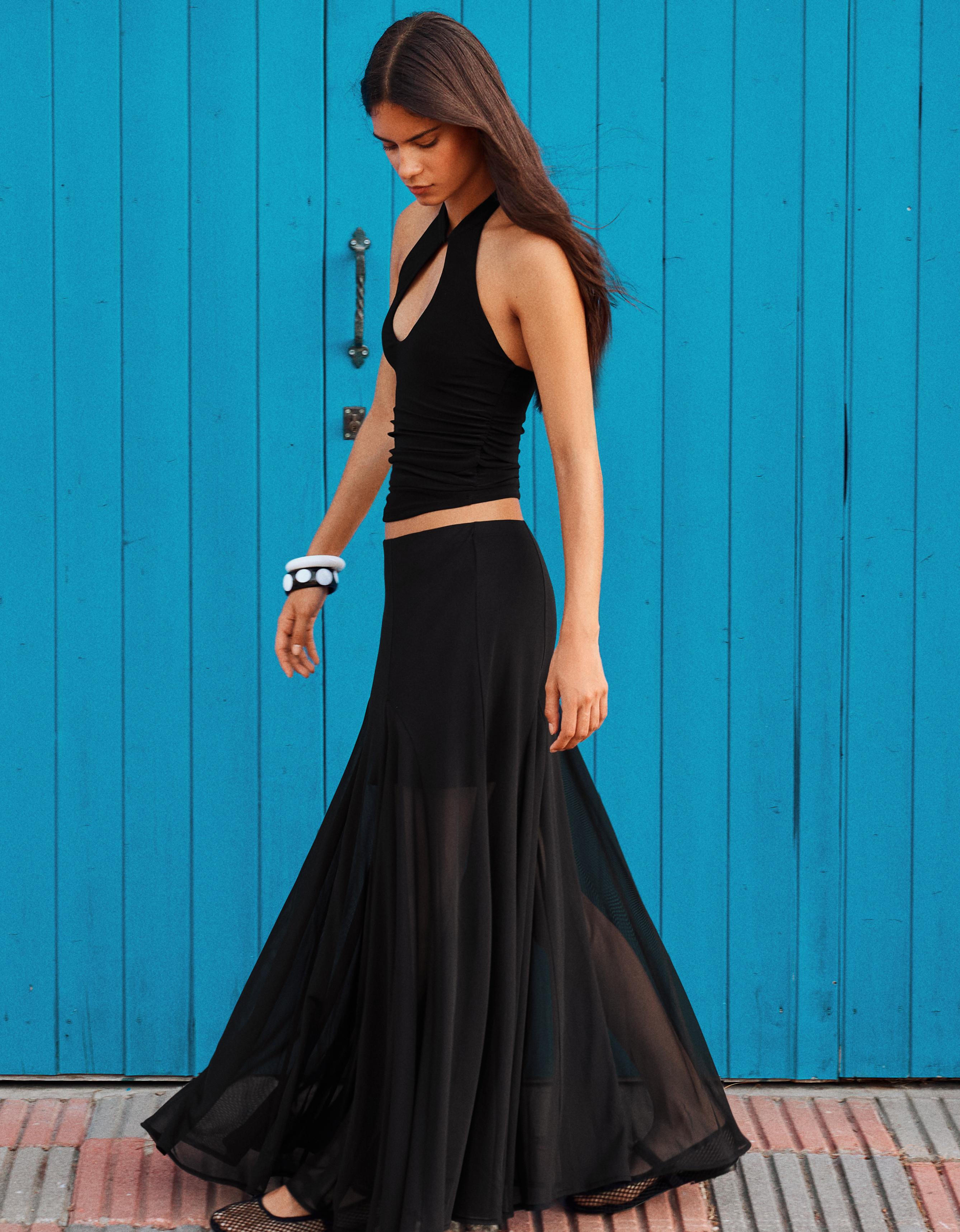 Polka dot mesh midi skirt — Black