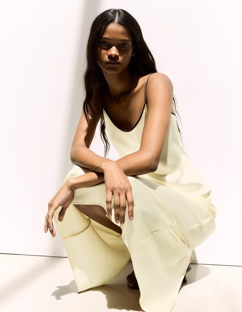 Robe midi satin bretelles-Jaune