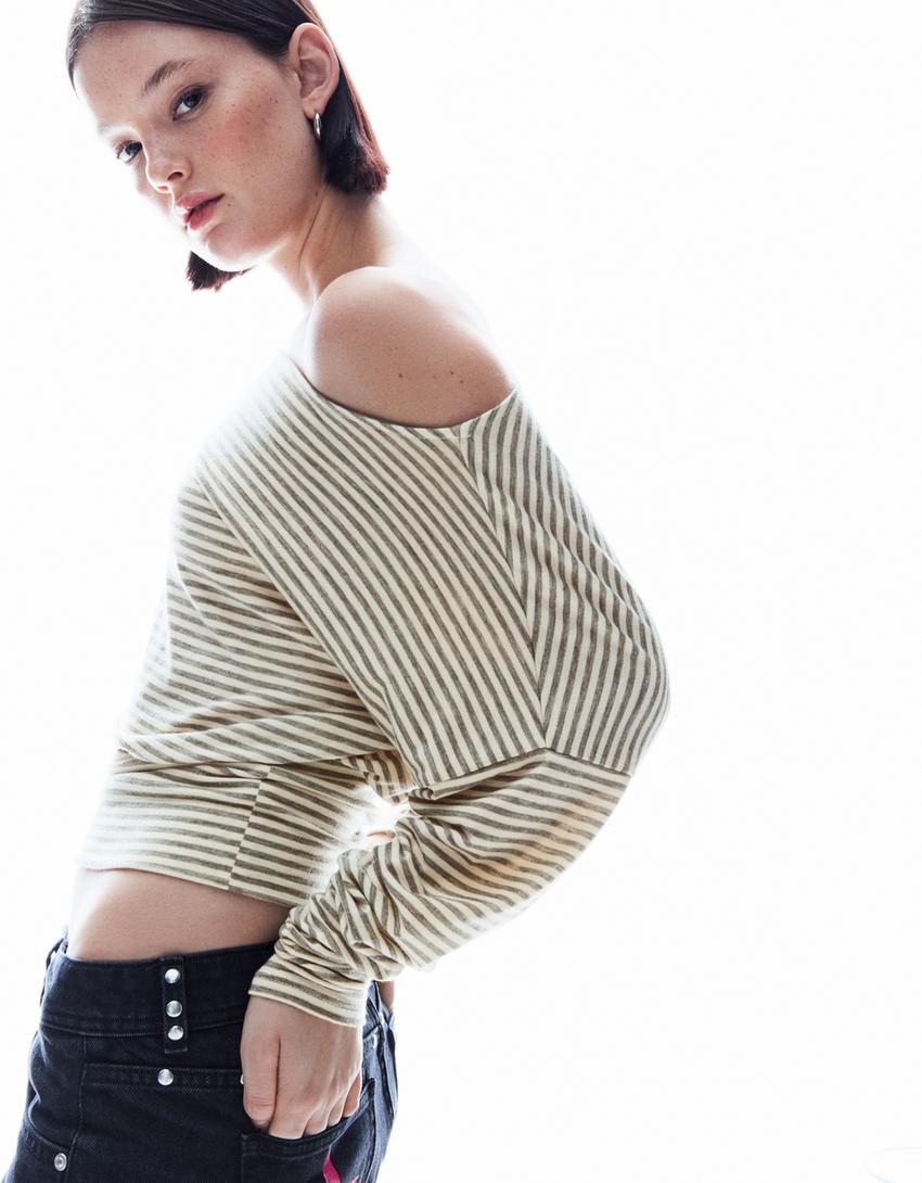 Striped long sleeve T-shirt with sash-Beige