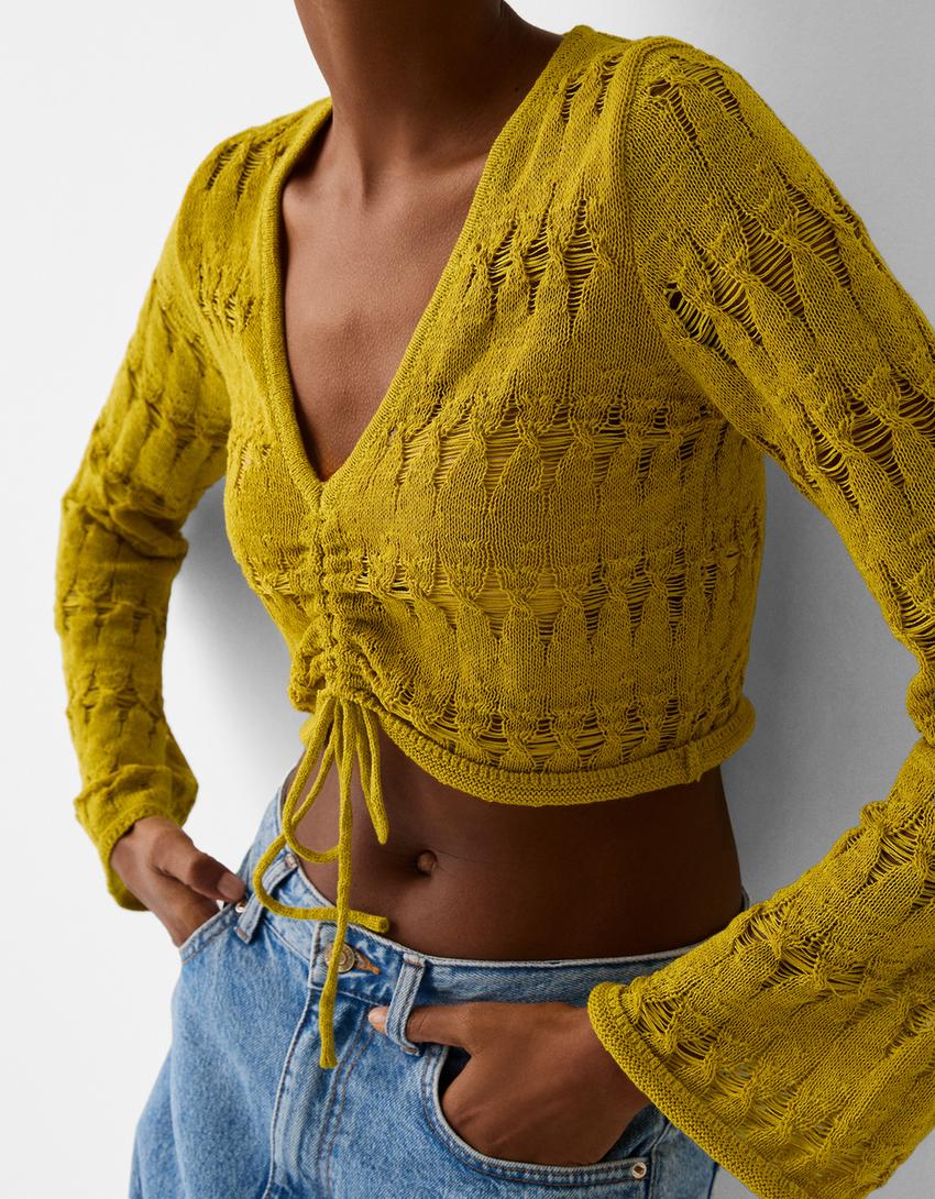 سويتر ريفي بفتحة صدر شكل V وزمة أمامية-أخضر-6