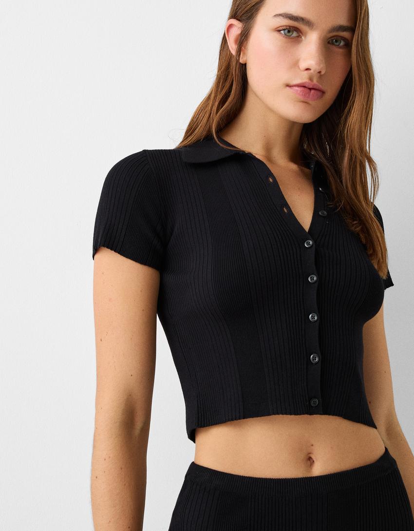 قميص بولو بأكمام قصيرة وأزرار-أسود-2