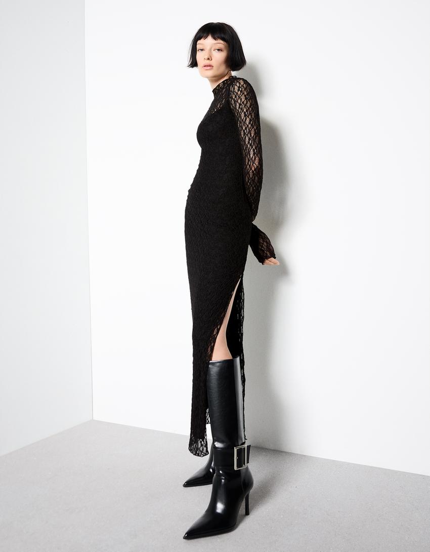 Blonde lace long-sleeve midi dress-Black
