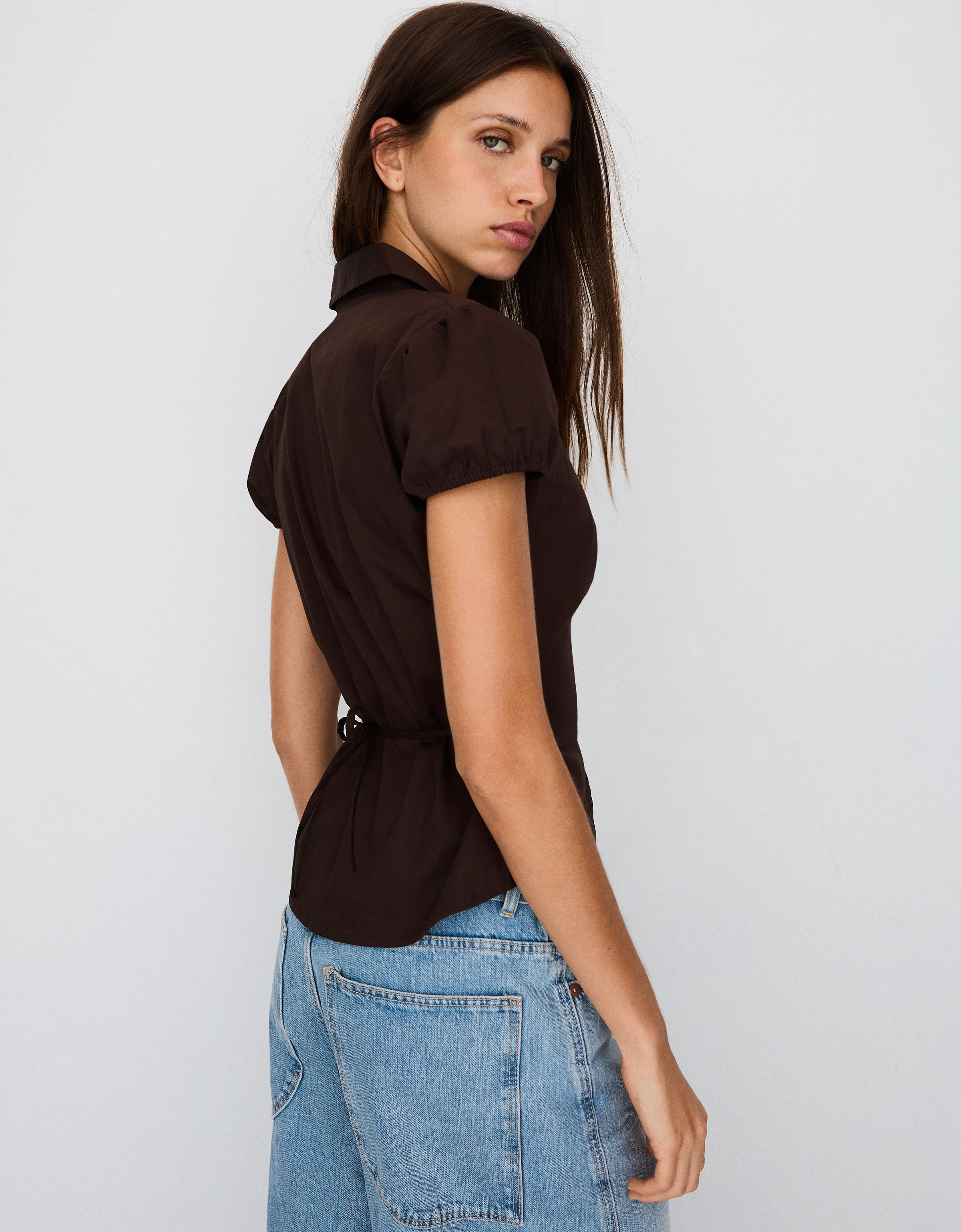 Short sleeve poplin tie-front shirt — Brown