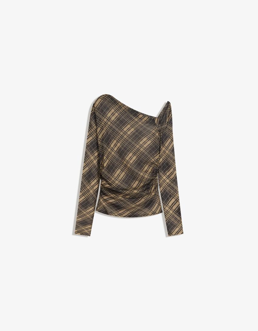 Long sleeve check tulle T-shirt-Black