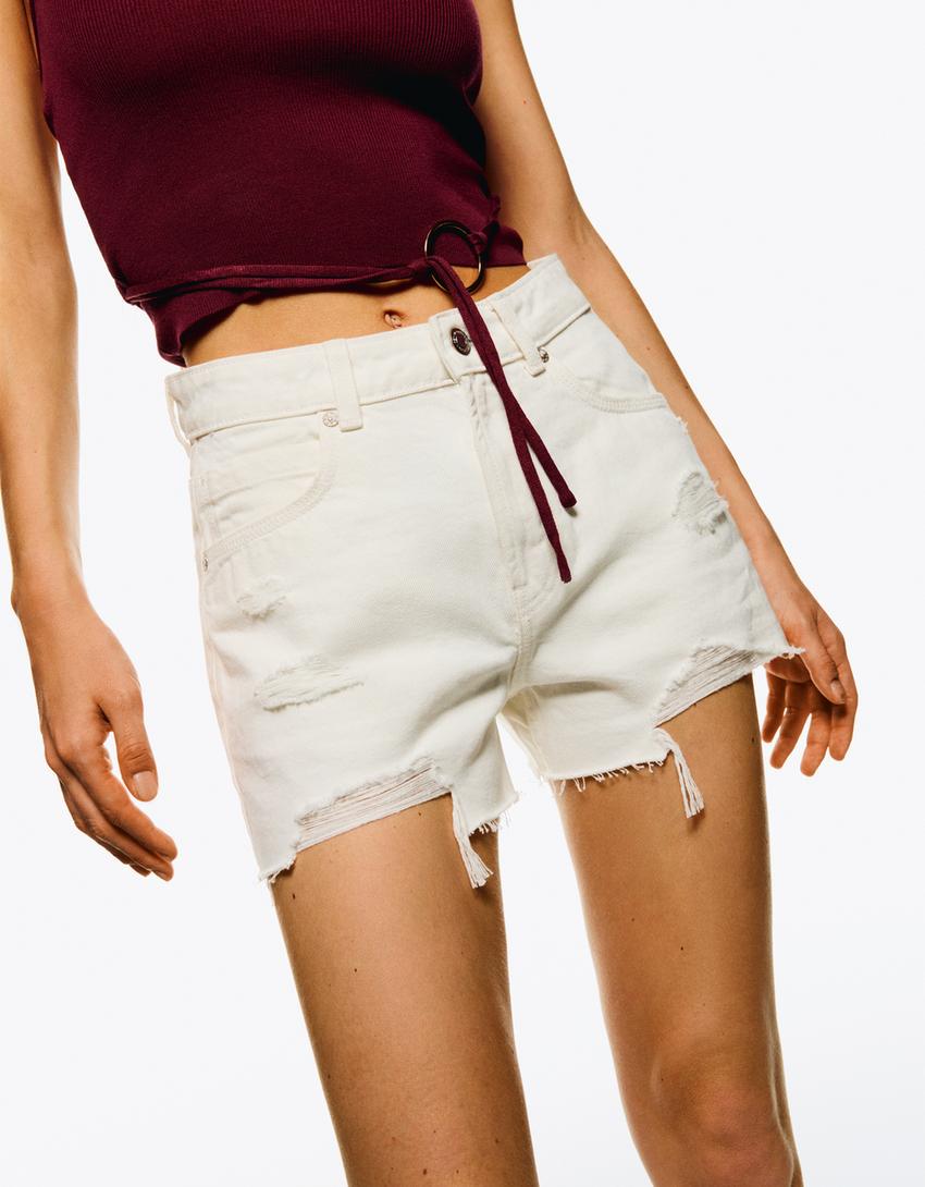 Ripped denim shorts-White