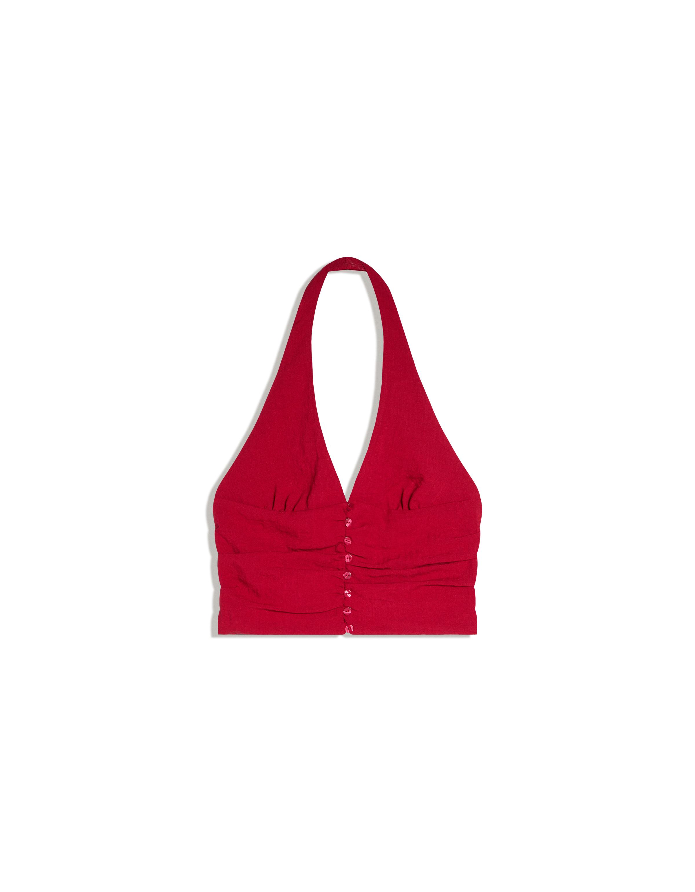 Gathered halter-neck button-up waistcoat — Red