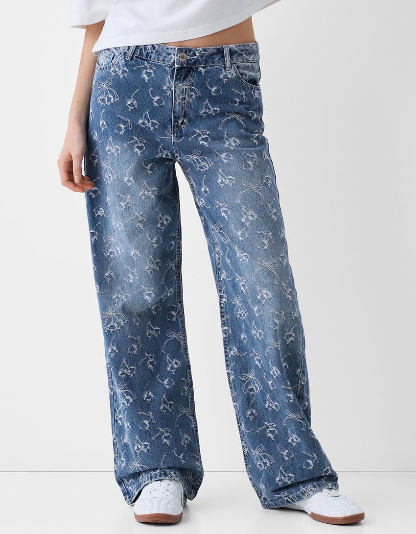 Jacquard print baggy jeans-Light blue-1