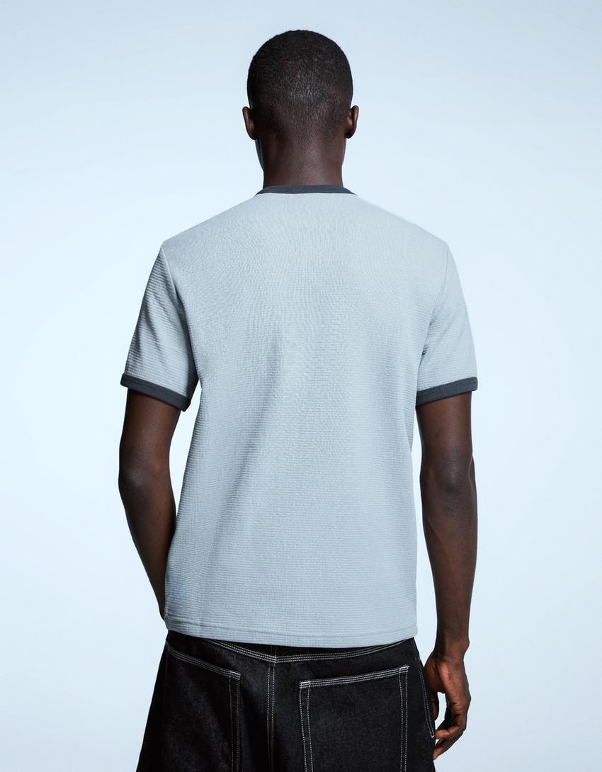 Printed waffle-knit ribbed short sleeve T-shirt-Light blue