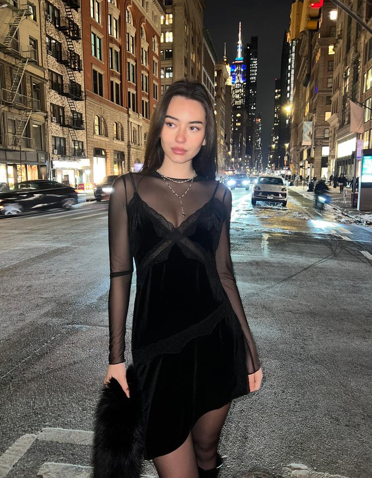 Asymmetric lace velvet mini dress