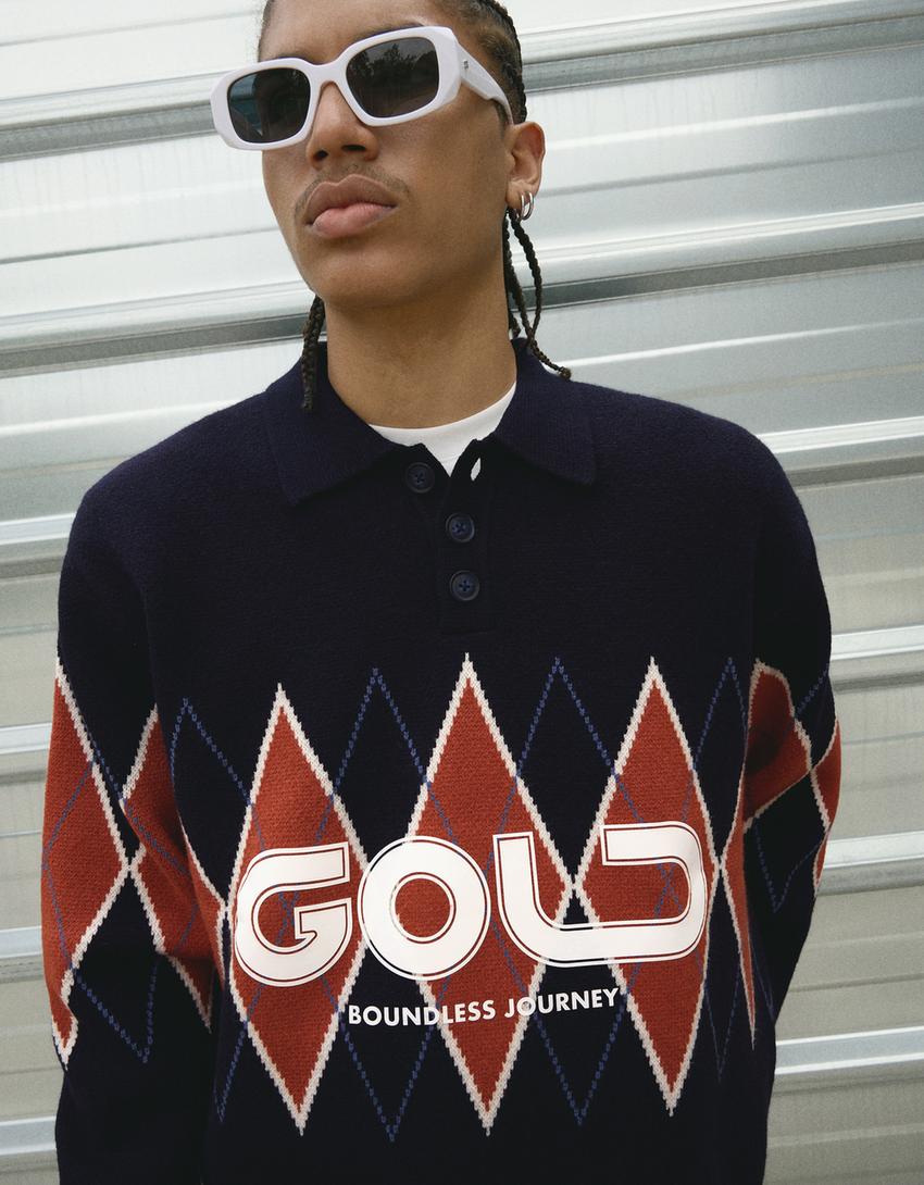 Printed polo collar sweater-Navy