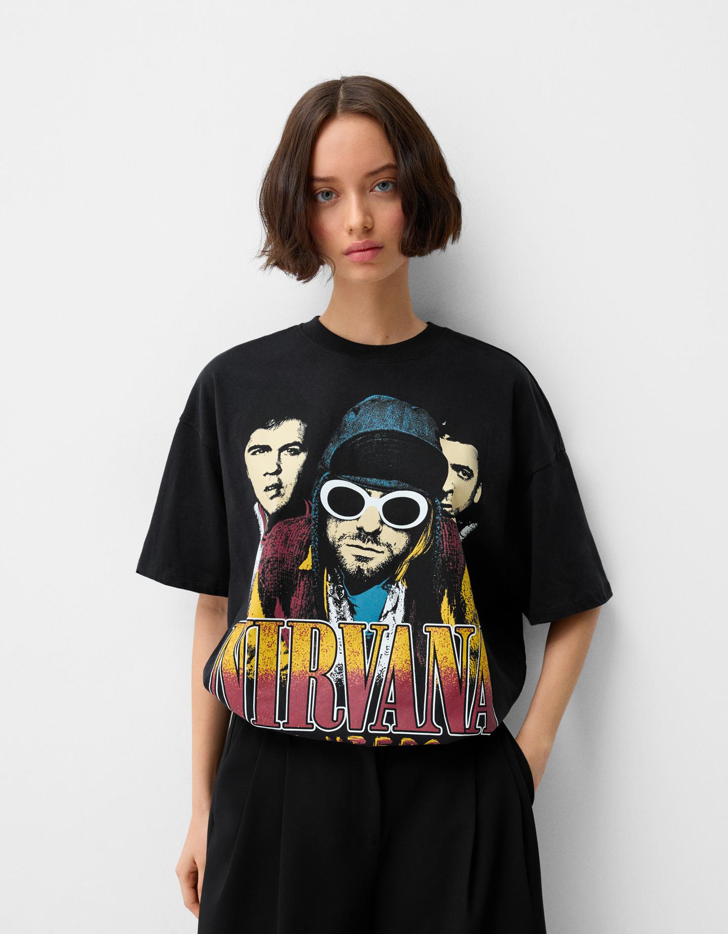 Bershka T-Shirt Nirvana Damen L Schwarz günstig online kaufen