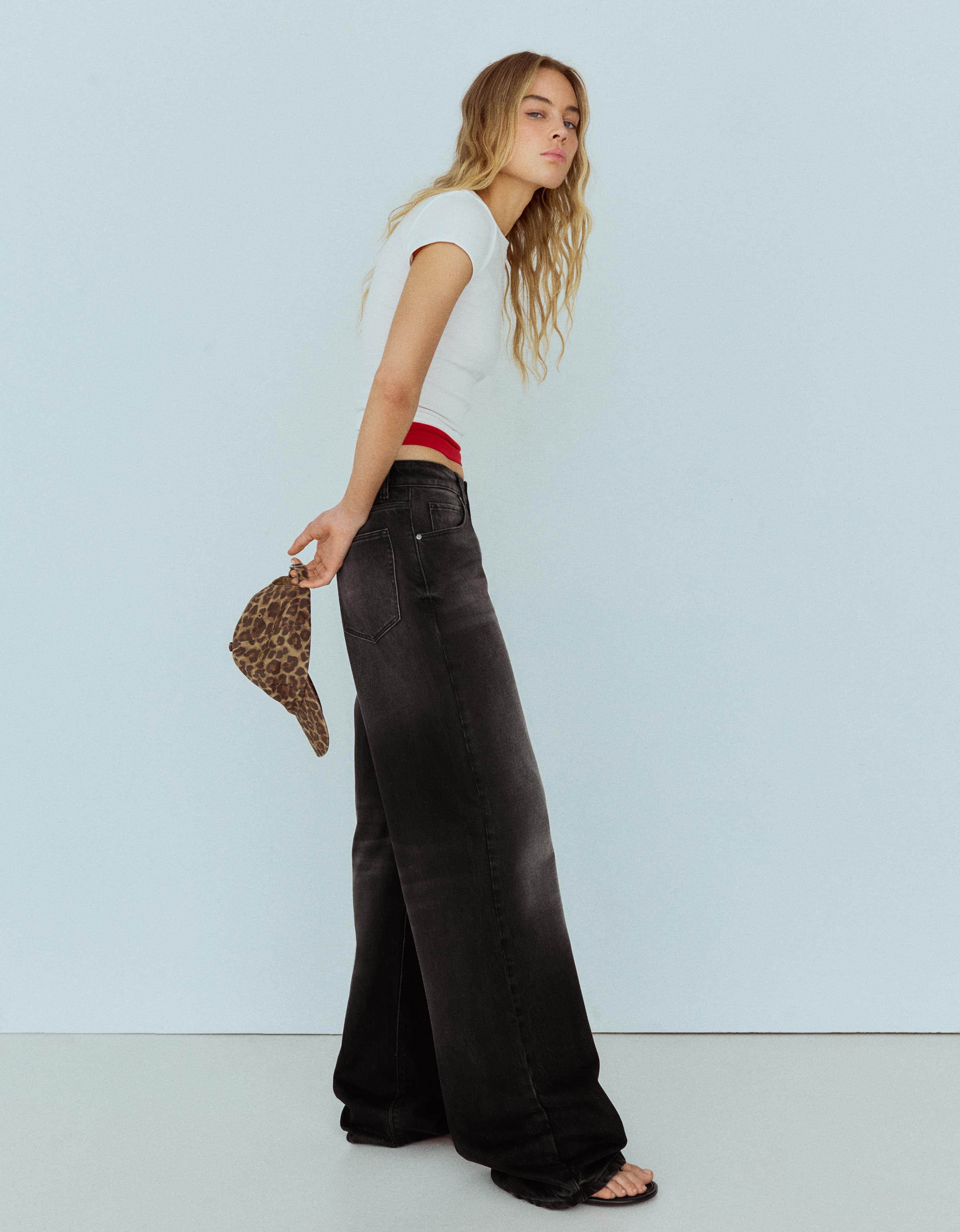 Vintage wash wide-leg high-waist jeans — Black